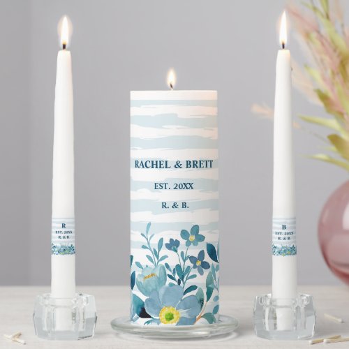 Elegant navy and dusty blue floral wedding  unity candle set
