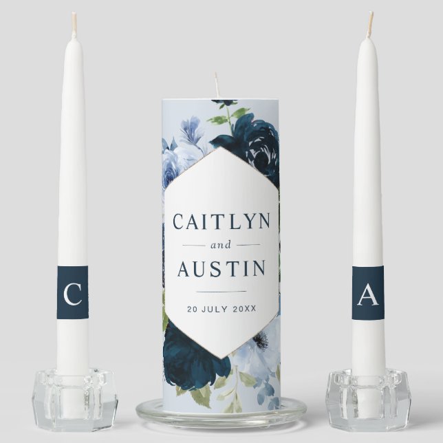 elegant navy and dusty blue floral wedding unity candle set (Front)