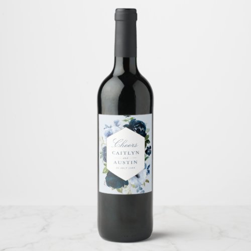 elegant navy and dusty blue floral wedding wine label