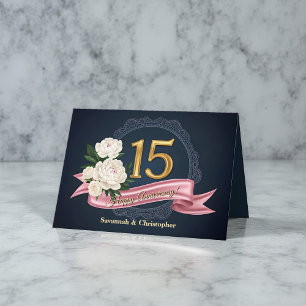 Elegant Navy and Gold 15th Wedding Anniversary Card