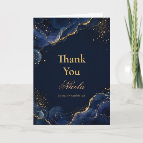 Elegant Navy and Gold Alcohol Ink Sweet Sixteen Thank You Card