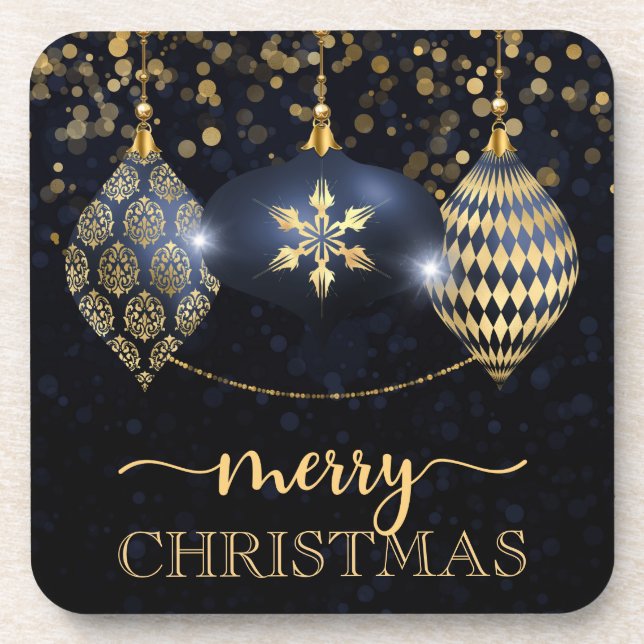 Elegant Navy and Gold Bauble Merry Christmas Beverage Coaster (Front)