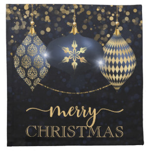 Elegant Navy and Gold Bauble Merry Christmas Cloth Napkin