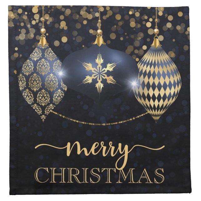 Elegant Navy and Gold Bauble Merry Christmas Cloth Napkin (Front)