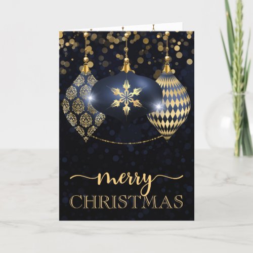 Elegant Navy and Gold Bauble Merry Christmas Holiday Card