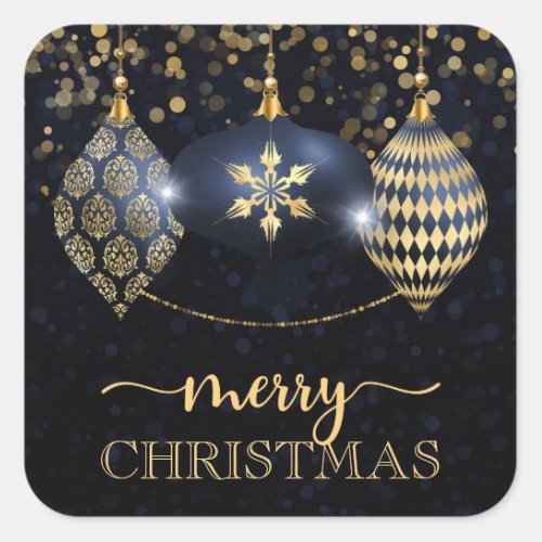 Elegant Navy and Gold Bauble Merry Christmas Square Sticker