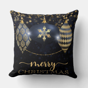 Elegant Navy and Gold Bauble Merry Christmas Throw Pillow