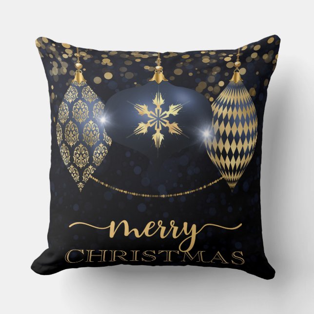 Elegant Navy and Gold Bauble Merry Christmas Throw Pillow (Front)