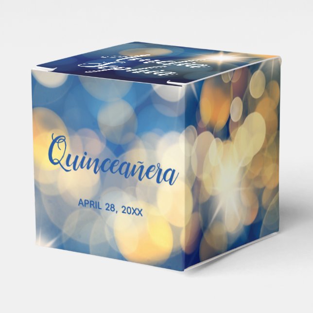 Elegant Navy and Gold Bokeh Quinceañera Favor Boxes (Front Side)