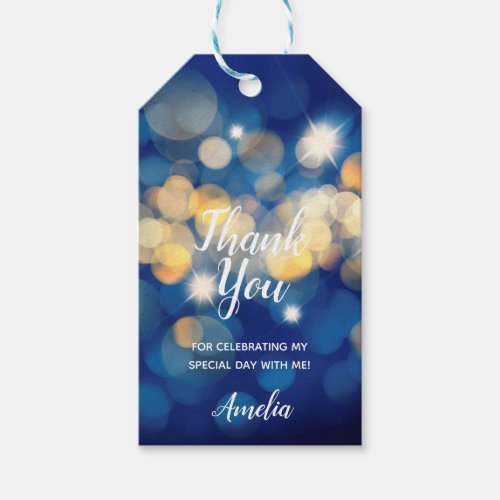 Elegant Navy and Gold Bokeh Quinceaera Gift Tags