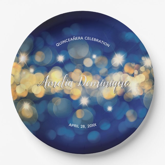 Elegant Navy and Gold Bokeh Quinceañera Paper Plates (Front)