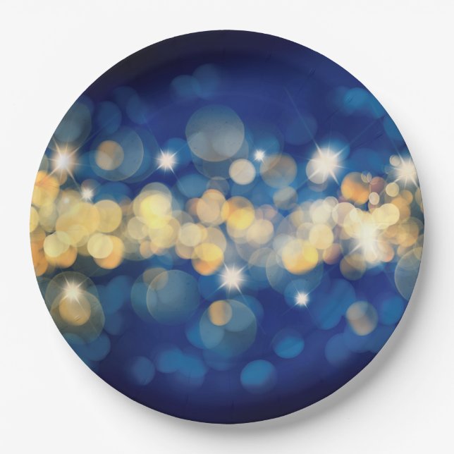 Elegant Navy and Gold Bokeh Quinceañera Paper Plates (Front)