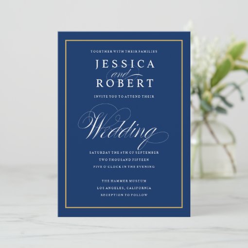 Elegant Navy and Gold Border Wedding Invitation | Zazzle