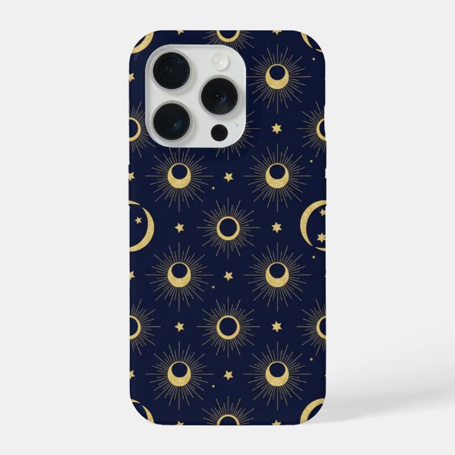 Elegant Navy and Gold Celestial Moon & Sun Pattern iPhone Case (Back)