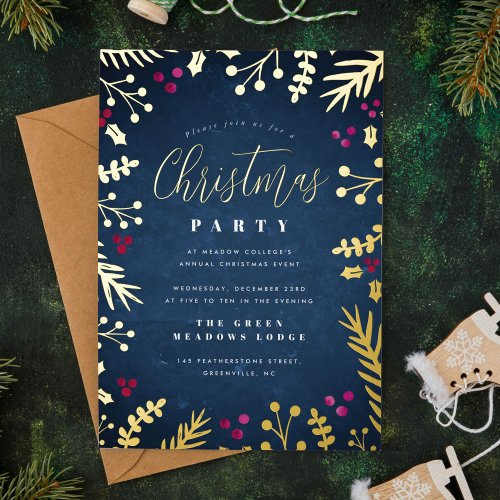 Elegant Navy and Gold Christmas Party  Foil Invitation
