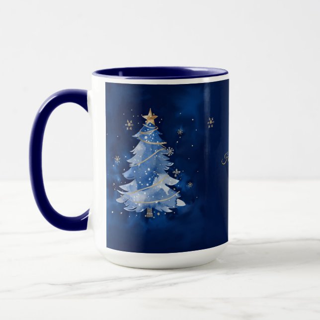 Elegant Navy and Gold Christmas Tree Personalized  Mug (Left)