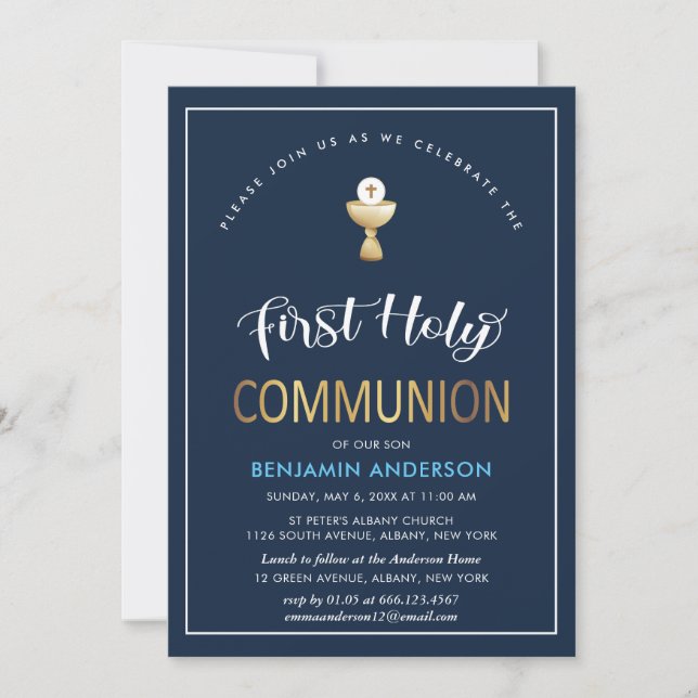 Elegant Navy And Gold First Holy Communion Invitation (Front)