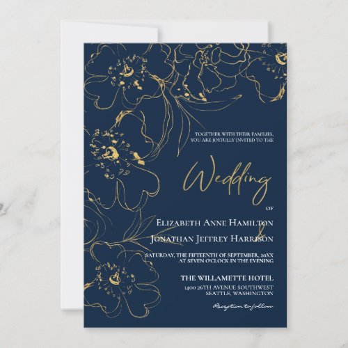 Elegant Navy and Gold Floral  Line Art Wedding Invitation