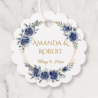 Elegant Navy and Gold Floral Wreath Wedding Favor  Tags