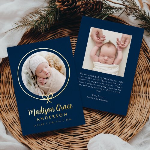 Elegant Navy and Gold Foil Bow Birth Announcement