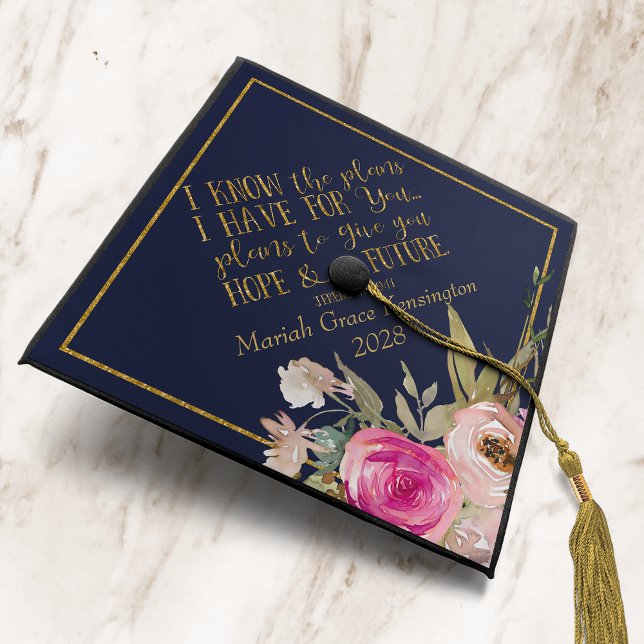 Elegant Navy and Gold Foil Floral Jeremiah 29:11 Graduation Cap Topper (Elegant Navy and Gold Foil Floral Jeremiah 29:11 Graduation Cap Topper)