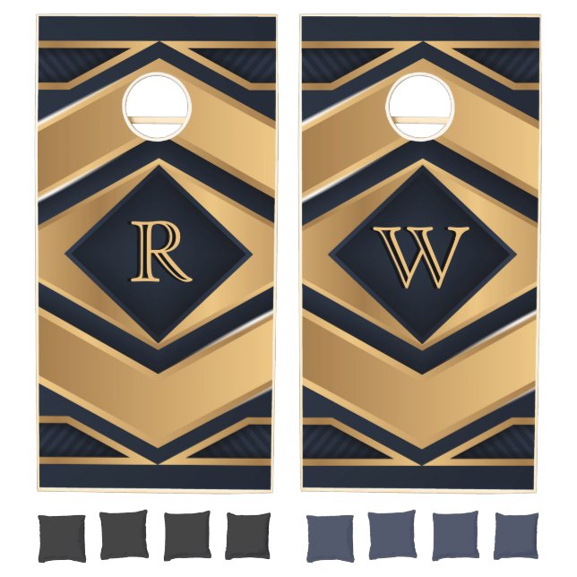 Elegant Navy and Gold Geometric Dual‑Monogram Cornhole Set (Set)