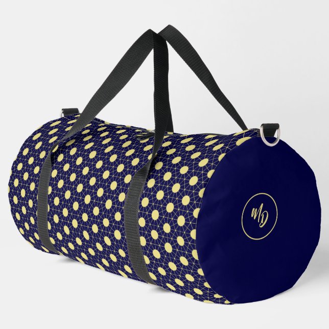 Elegant Navy and Gold Geometric Tile Pattern Duffle Bag (Left Corner)