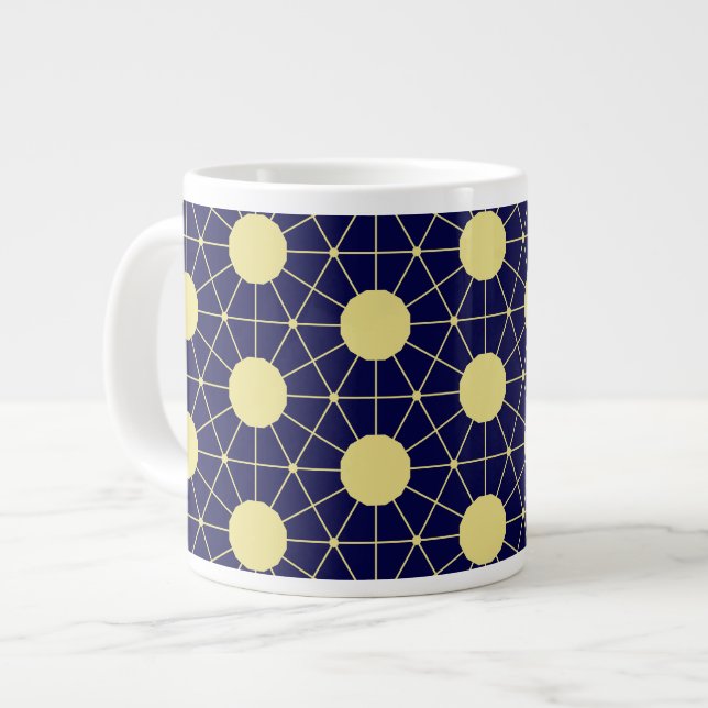 Elegant Navy and Gold Geometric Tile Pattern Giant Coffee Mug (Front Left)