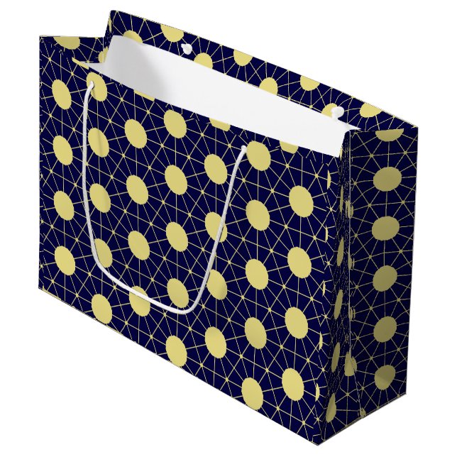 Elegant Navy and Gold Geometric Tile Pattern Large Gift Bag (Front Angled)