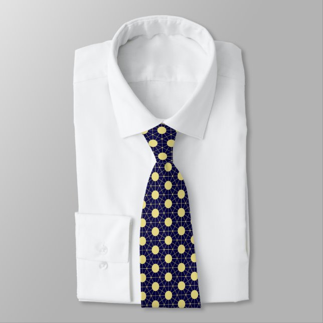 Elegant Navy and Gold Geometric Tile Pattern Neck Tie (Tied)
