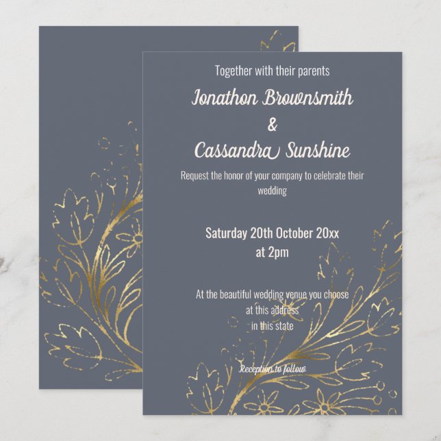 ELEGANT NAVY AND GOLD GOLD LEAF WEDDING INVITATION (Front/Back)
