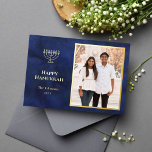 Elegant Navy and Gold Hanukkah Foil Holiday Card<br><div class="desc">Elegant Hanukkah holiday photo cards with gold foil menorah and classic typography details.</div>