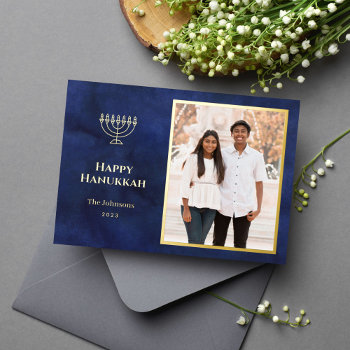 Elegant Navy And Gold Hanukkah Foil Holiday Card by origamiprints at Zazzle