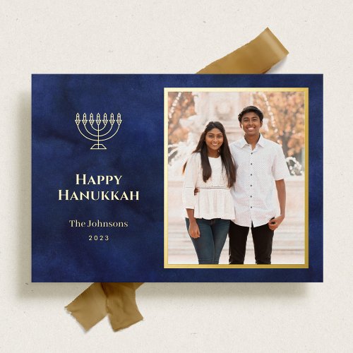 Elegant Navy and Gold Hanukkah Foil Holiday Card