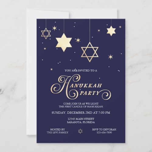Elegant Navy and gold Hanukkah Party Invitation