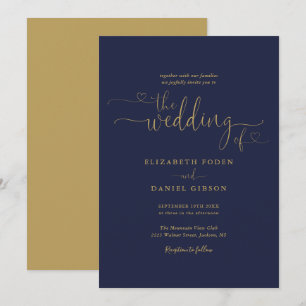 Elegant Navy And Gold Hearts Calligraphy Wedding Invitation