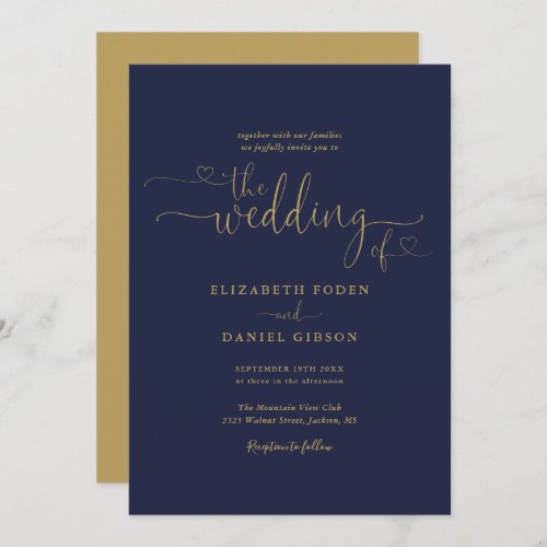 Elegant  Navy And Gold Hearts Calligraphy Wedding Invitation