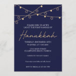 Elegant Navy and Gold Light Strings Hanukkah Party Invitation<br><div class="desc">Elegant Hanukkah party invitation features a navy background with sparkling gold light strings with Stars of David hanging across the top of the card. White snowflakes falling from the top of the card along with a flourish font making this a perfect card for your house or Hanukkah party. Please note,...</div>