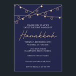 Elegant Navy and Gold Light Strings Hanukkah Party Invitation<br><div class="desc">Elegant Hanukkah party invitation features a navy background with sparkling gold light strings with Stars of David hanging across the top of the card. White snowflakes falling from the top of the card along with a flourish font making this a perfect card for your house or Hanukkah party. Please note,...</div>