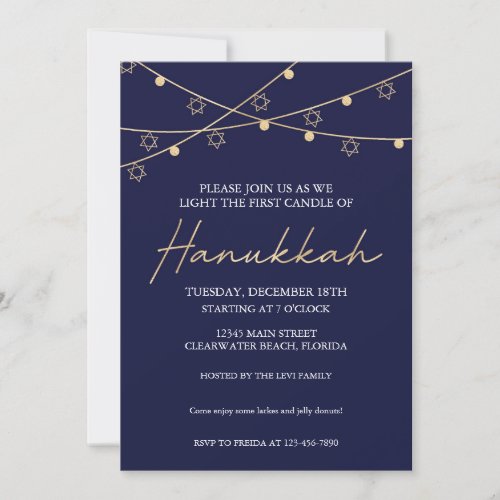 Elegant Navy and Gold Light Strings Hanukkah Party Invitation