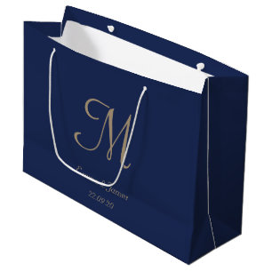 Elegant Navy and Gold Monogram Name Wedding Party Large Gift Bag