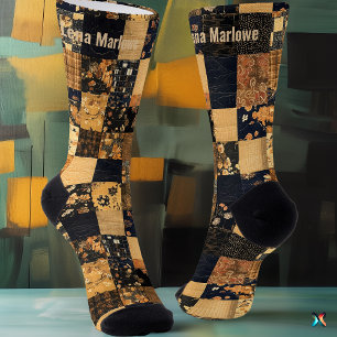 Elegant Navy and Gold Patchwork – Custom Floral Socks