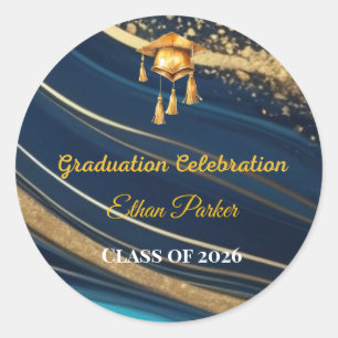 Elegant Navy and Gold Photo Graduation Classic Round Sticker