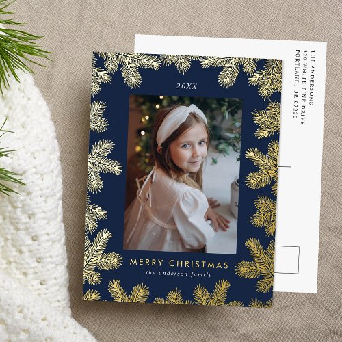 Elegant Navy and Gold Pine Frame Photo Foil Holiday Postcard