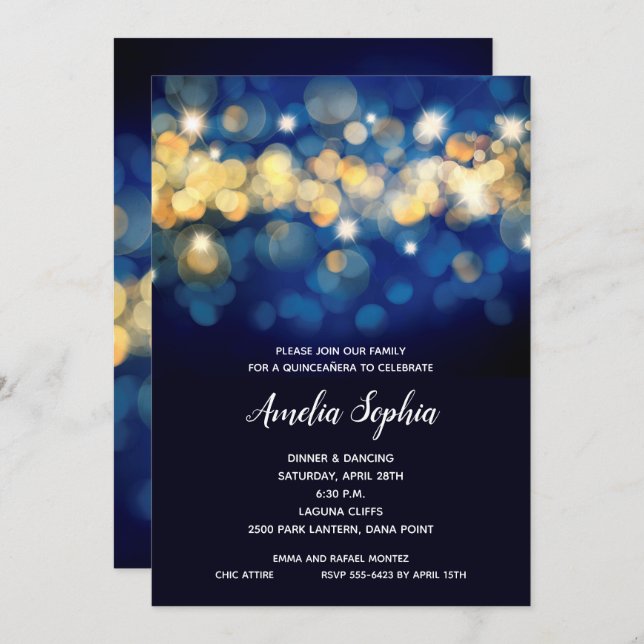 Elegant Navy and Gold Quinceañera Invitations (Front/Back)