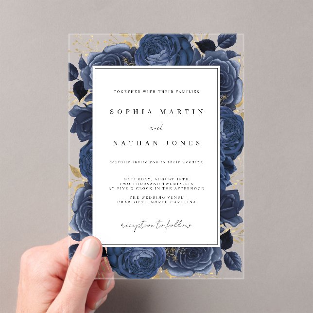 Elegant Navy And Gold Rose Clear Wedding Acrylic Invitations (Insitu (Handheld))