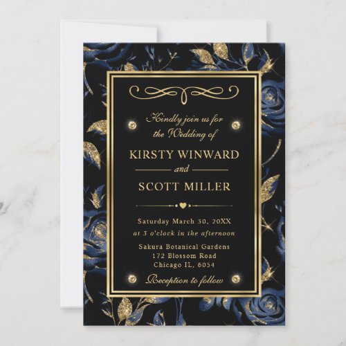 Elegant Navy and Gold Rose Floral Pattern Wedding Invitation