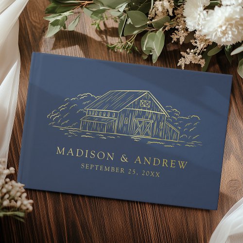 Elegant Navy and Gold Rustic Barn Photo Wedding Foil Guest Book