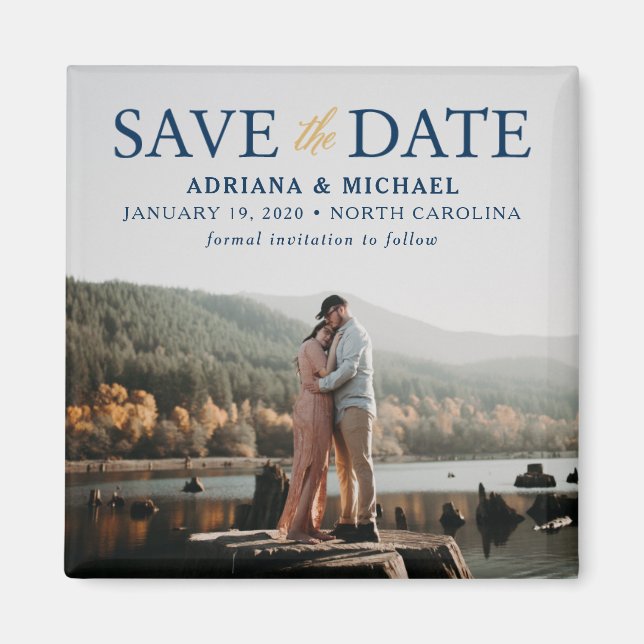 Elegant Navy and Gold Save the Date Wedding Magnet (Front)