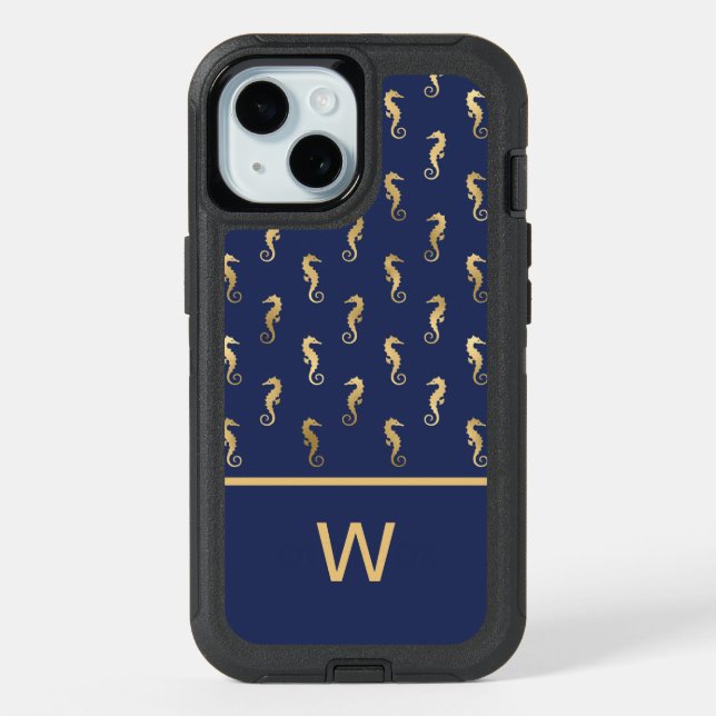 Elegant Navy and Gold Seahorses with Initial iPhone 15 Case (Back)